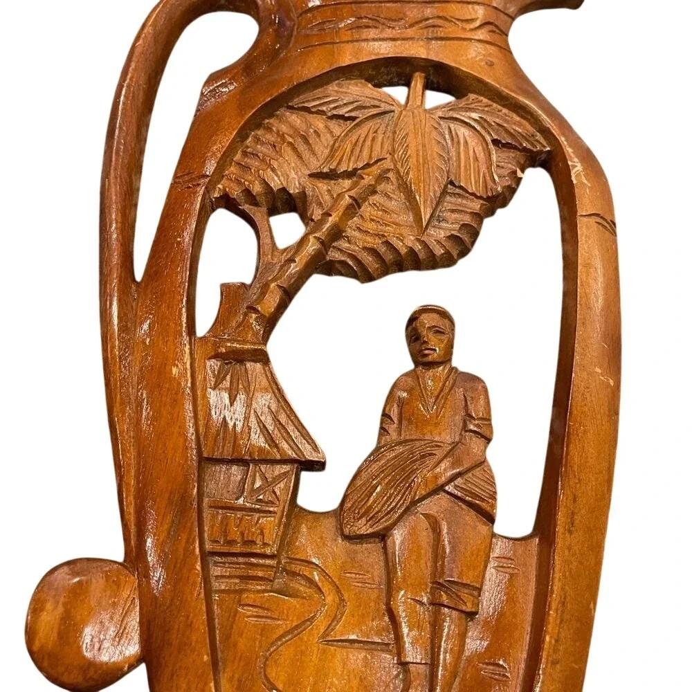 Hand Carved Wooden Vase Wall Hanging‎ Tropical Scene Man Hut Tree